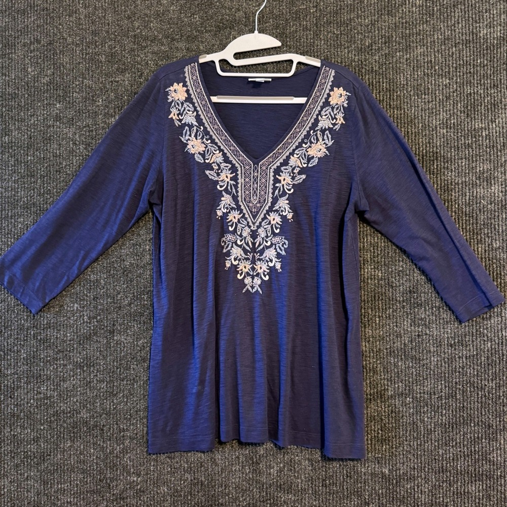 J.Jill Tunic Top Womens M Blue Embroidered V-Neck 3/4 Sleeve Slub Knit